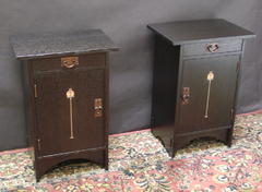 Pair shown in Ebony stain. Hinged left and right side for use as nightstands  on each side of a bed.